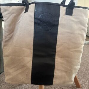 Vince Camuto Beige Black Tote Bag Large Canvas Leather Trim